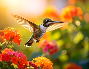 Obraz premium Hummingbird in flight amidst vibrant flowers