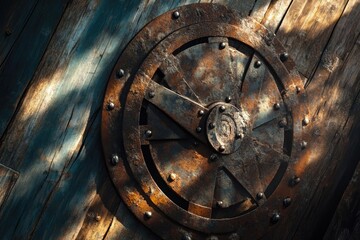 A close-up of a rusty, circular metal hatch with radial spokes on aged wooden planks.