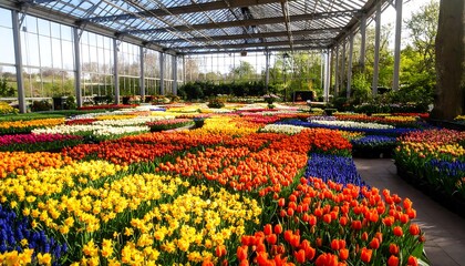 Colorful tulip display in a glasshouse