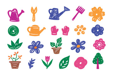 Garden of Colorful Sketch: A vibrant collection of hand-drawn garden elements bursts with life. The collection includes watering cans, hand tools, flowers, and leaves in a charming illustrative style.