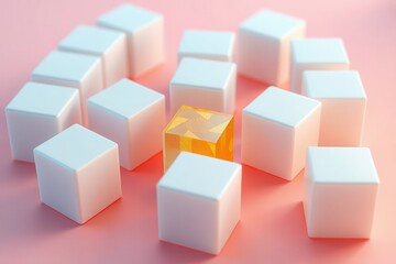 Obraz premium Geometric arrangement of white cubes with one uniquely colored cube to communicate individuality.