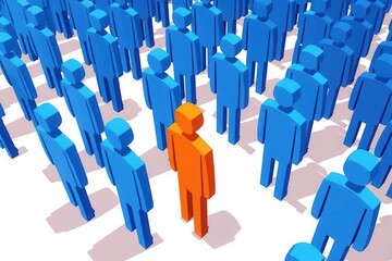 Stylized figures symbolize standing out, with a unique individual in contrast to the uniform group.