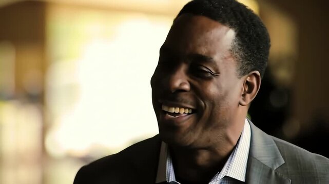 Cinematic portrait of a successful African American businessman laughing with a confident and happy expression