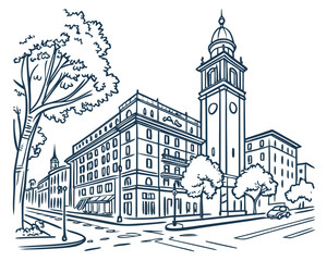 Fototapeta premium Cityscape Line Art Illustration – Monochrome Urban Skyline Drawing