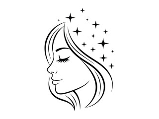 Serene Starry Gaze: A delicate illustration of a woman, eyes gently closed and adorned with starlight, evokes a sense of peacefulness and the boundless universe within.