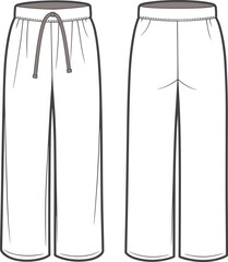 Loose fit pants technical drawing, front and back view, drawstring waist, seam detail, fashion illustration