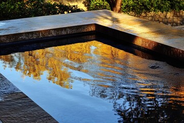 A tranquil scene of a stone pool reflecting a golden trees and blue sky with sunlight.