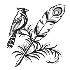 Obraz premium Illustration of a cardinal bird perched on a leafy branch next to a decorative feather in black and white on transparent background