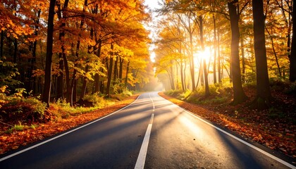 Fototapeta premium Autumnal road through golden trees