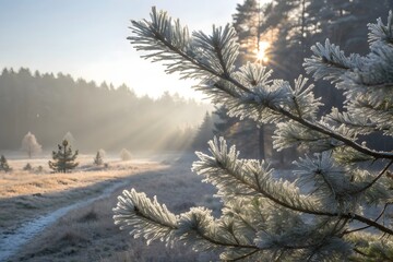Frost covered pine tree branches with sunlit winter forest background