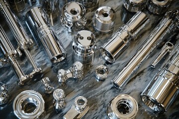 Assortment of shiny, chrome-plated machine parts scattered on a gray, veined surface, reflecting light and showcasing precision engineering.