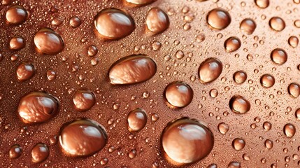 Close-up view of water droplets on a copper-colored surface.