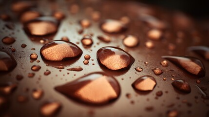 Fototapeta premium Close-up view of water droplets on a dark brown surface.