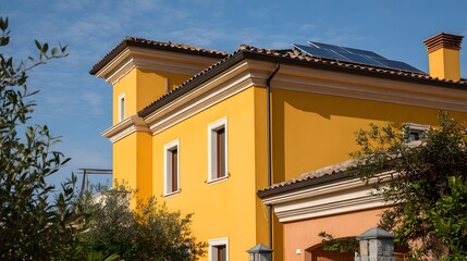 Fototapeta premium Sunny yellow house with architectural details and solar panels.