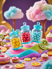Candy wonderland filled with colorful treats and whimsical trees