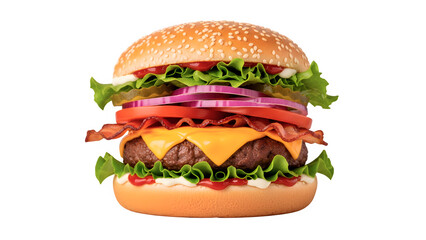 Hyperrealistic cinematic image of gourmet burger with beef patty cheddar cheese pickles lettuce tomato and crispy fries on rustic wooden board with warm lighting sparks and shallow depth effect