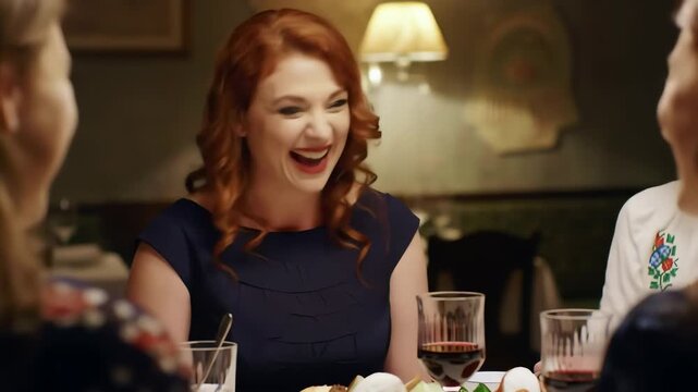 Happy beautiful redhead woman laughing and having fun with friends at a fancy restaurant dinner party