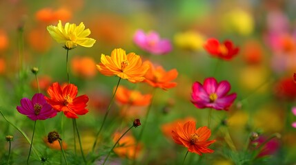 Vibrant cosmos flowers in a field.