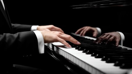 Hands gracefully dance over the keys of a grand piano, showcasing technique and emotion. A well-dressed individual creates beautiful melodies in a dim, intimate setting, highlighting musical artistry