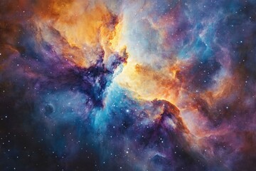 Fototapeta premium A vibrant nebula bursts with colors of orange, purple, and blue amidst countless stars in the vast expanse of space.