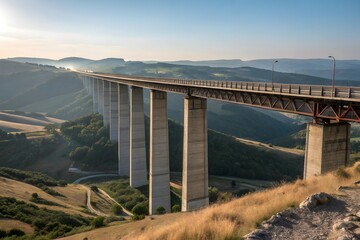 Majestic high viaduct bridge spanning lush green valleys under a clear blue sky
