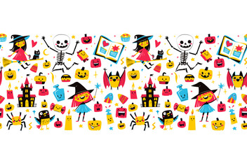Seamless Cute Halloween horizontal Frame Border pattern with witches, pumpkins, black cat, bat and magic. Colorful flat doodle style kids, parties, wrapping paper, greeting card, and seasonal decorati