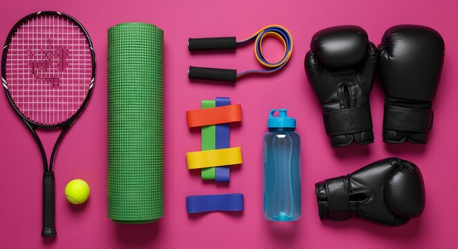Diverse Fitness Essentials A Vibrant Flat Lay of Sports Gear on a Bold Pink Background.