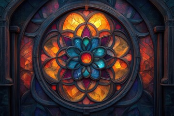 Vibrant stained glass window featuring a floral rosette pattern, framed by ornate dark wood, illuminated by rich hues of orange and blue.