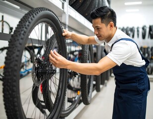 Bicycle mechanic inspecting wheel
