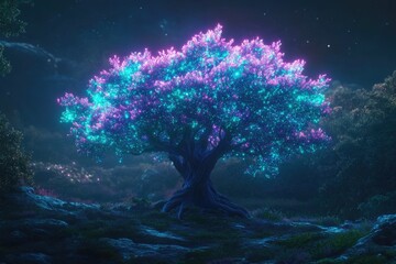 A magical tree shines with cyan and purple light under a dark, starry night sky, surrounded by lush greenery.
