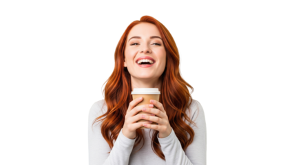 Rothaarige Frau – Kaffeebecher halten, transparenter Hintergrund, PNG 
