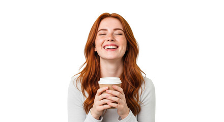 Obraz na płótnie Canvas Rothaarige Frau – Kaffeebecher halten, transparenter Hintergrund, PNG 