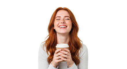Rothaarige Frau – Kaffeebecher halten, transparenter Hintergrund, PNG 