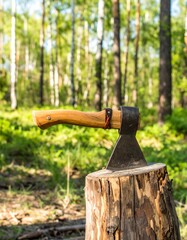 Axe resting on a stump in a forest