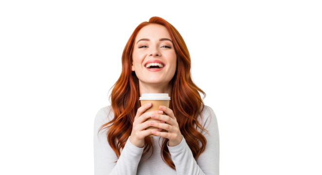 Rothaarige Frau – Kaffeebecher halten, transparenter Hintergrund, PNG  - Powered by Adobe