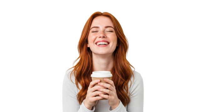 Rothaarige Frau – Kaffeebecher halten, transparenter Hintergrund, PNG