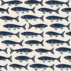 Seamless Pattern of Blue Fish in a Nautical Inspired Retro Design