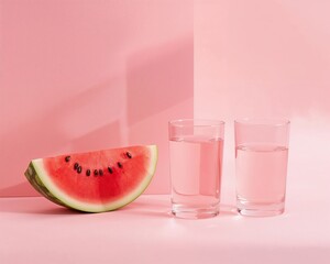 Fresh watermelon slice and two glasses of water on a pink background with soft shadows