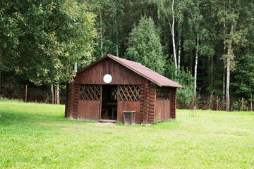 Obraz premium Rustic wooden shelter surrounded by trees in a serene outdoor setting during daylight
