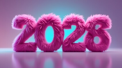 Fluffy pink 2028 numbers with a neon blue background, symbolizing the new year, celebration, and festive occasions