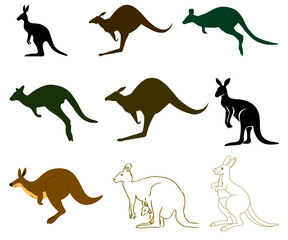 Kangaroo australian animal cartoon vector illustration – jumping, sitting, baby, silhouette, funny wildlife drawing in style.