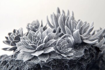 Monochromatic succulents cluster atop a textured rock, exhibiting intricate petal arrangements and a serene, nature-inspired composition.