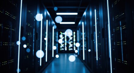 Blurred server room, glowing lines, and circles