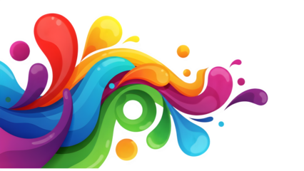 Colorful abstract digital illustration with flowing wavy rainbow shapes and transparent gradient droplets on white background creating playful motion for modern creative vector inspired graphic presen