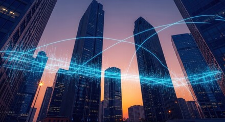 City skyline at dusk, overlaid with abstract data streams