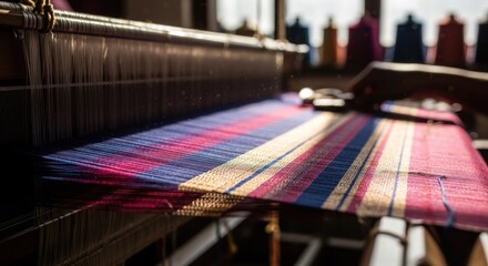Close-up of a loom with vibrant textiles being woven