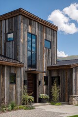 Modern wooden house with large windows and beautiful landscaping nestled in a serene rural setting under a clear blue sky