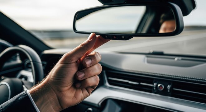 Close-up of a hand adjusting a car's side mirror.  Sunlight streams into the vehicle