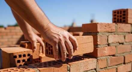 Close-up of hands placing brick in a wall structure.  Sunlight highlights the orange-red bricks and construction site