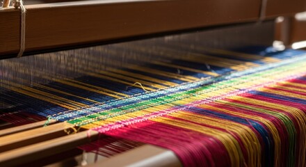 Colorful threads weaving on a loom.  Close-up view of a  wooden loom with vibrant threads in various colors.  The threads are in motion,  creating a pattern.  Wooden structure of the loom is visible
